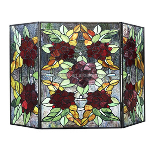 Church Stained Glass Fireplace <b>Screen</b> 3 Panels Red Rose Pattern European Style Decorative Glass Living Room Freestanding - Product Image 6
