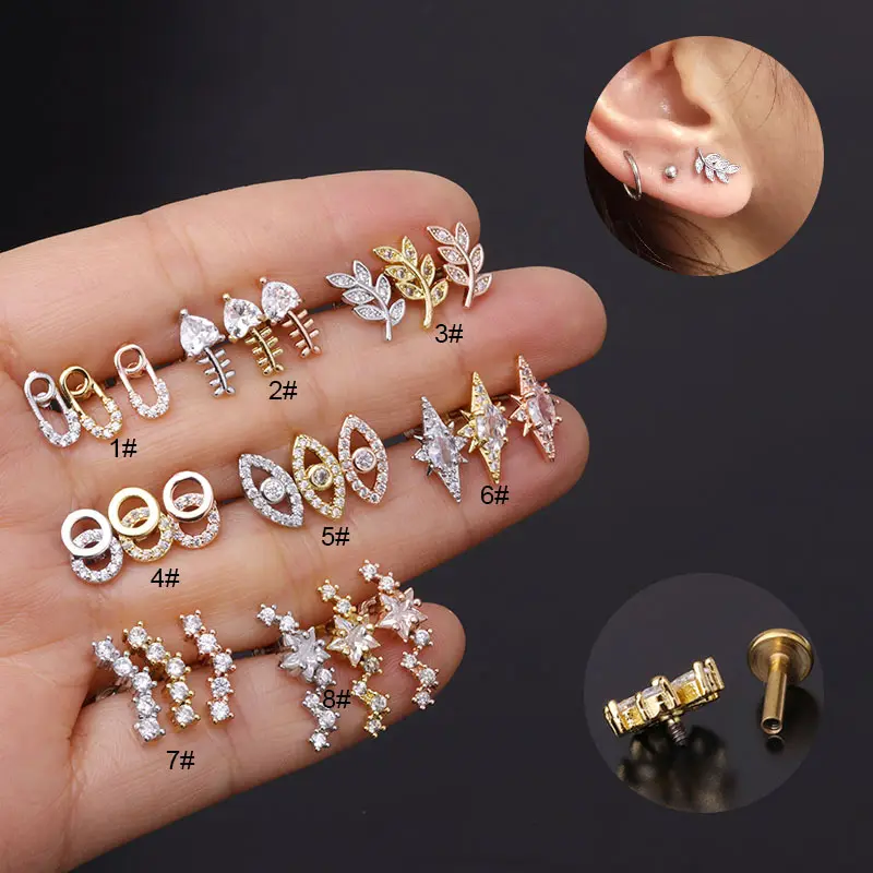 New 1PC 16G Flat Labret Back Ear Piercing Jewelry Fish Eye Leaves Zircon Crystal Helix Daith Conch Tragus Cartilage Stud Earring