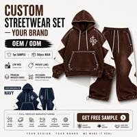 Conjunto Deportivo Personalizado con Apliques Bordados, Sudadera con Capucha de Algodón Grueso Lavado al Ácido, Pantalones Holgados de Corte Recto, Estilo Vintage para Hombre