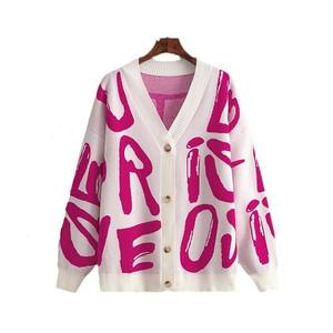 Automne hiver dames décontracté Cardigan lettre Jacquard pull <span class=keywords><strong>tricot</strong></span>é personnalisé coréen <span class=keywords><strong>tricot</strong></span> lâche bouton pull <span class=keywords><strong>manteau</strong></span> pour femmes - Product Image 4