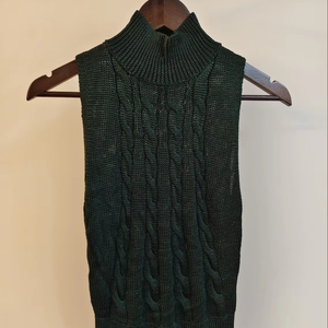 Luxurious Emerald Green Cable Knit <b>Silk</b> <b>Sleeveless</b> High-Neck <b>Top</b> with - Product Image 1