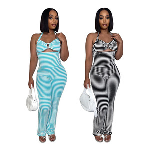 Conjunto <span class=keywords><strong>de</strong></span> <span class=keywords><strong>Dos</strong></span> Piezas BR6231 <span class=keywords><strong>de</strong></span> Verano, Top Corto Sexy sin Mangas con Cordones, Pantalones Ajustados Tipo Lápiz, Diseño Jacquard a Rayas - Product Image 5