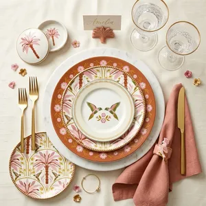 Juego de Platos de Cerámica Retro con Diseño de Loro Rosa, Vajilla de Porcelana de Lujo con Palmeras Tropicales, Plato Redondo para Postre y Ensalada para Bodas - Product Image 5