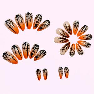 24pcs Effrayant <span class=keywords><strong>Halloween</strong></span> Appuyez sur les ongles <span class=keywords><strong>Orange</strong></span> Toile d'araignée Gradient Wearable Amande Ongles Style Français Amovible Manucure - Product Image 2