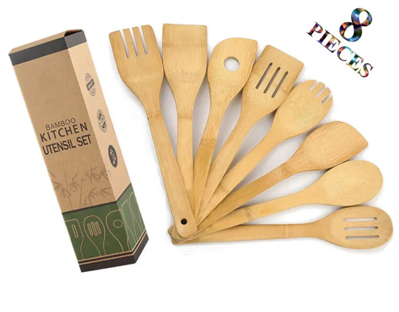 Bamboo Utensil Set Apartment Essentials Wood Spatula Spoon Nonstick Kitchen Utensil Set Premium Quality 6PCS 8PCS Box Pack Set