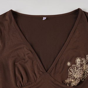 Kaus lengan panjang ramping motif tanaman Y2k wanita Retro gaya baru kaus serbaguna kasual kerah V seksi - Product Image 5