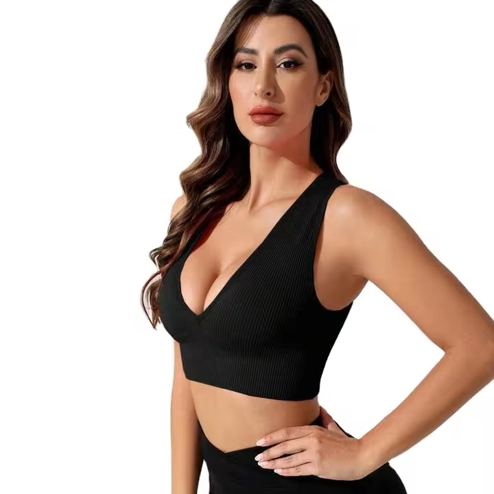 Aoyema Custom Woman Sexy Deep V Neck Yoga Vest Seamless Rib Fitness High Stretchy Clothes Soft Running Bra Sport Tops