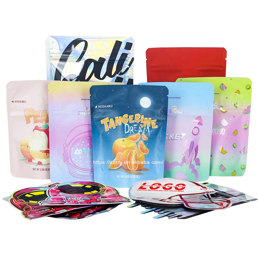 Custom Printed Resealable 3.5g 7g 28g Die Cut Shape Smell Proof Child Resistant Proof Holographic Zipper Ziplock Mylar Bags