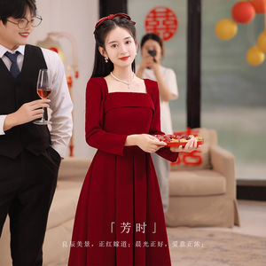 Burgundy Velvet A-Line Dress Boat Neck Natural Waist Folds Simple Design For Wedding Homecoming Autumn Winter - Product Image 3