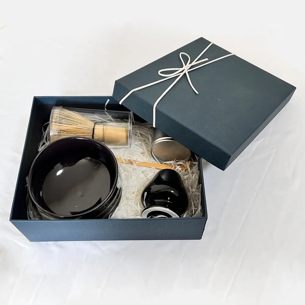 Luxury Matcha Bowl Ceramic Tea Gift Set Matt Black Bowl Box Customized Logo Matcha Tea Gift Set