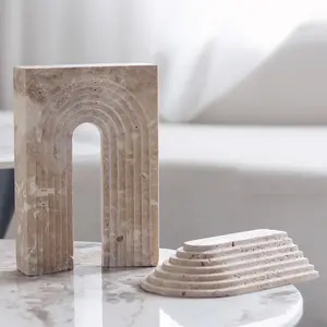 Hzx sáng tạo tự nhiên đánh bóng đá cẩm thạch và travertine đá cẩm thạch màu be bookends cho trang trí nội thất văn phòng