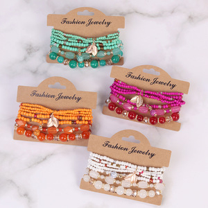 Cross-border Bestseller Bohemian Multi-Strand Lampwork Glass Natural Stone Beaded Leaf Pendant <b>Bracelet</b> Stretchy Holiday Unisex - Product Image 2
