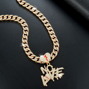 Collar de cadena cubana para hombre, estilo hip hop europeo-americano, con colgante de letras de cristal completo y diseño de corazón, estilo streetwear, NO LOVE - Product Image 5