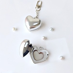 ppwr Trendy Metallic Silver Heart <b>Empty</b> Makeup Palette with Mirror Aluminum Pan Mini Lip Balm Case Keychain Charm - Product Image 4