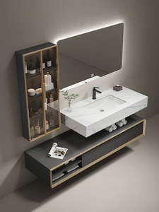 Ensemble de meubles de salle de bain en bois massif moderne OEM, lavabo en céramique, miroir LED mural, table complète, panneau de bureau - Étanche, facile à nettoyer - Product Image 5