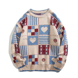 Suéter Retro a Cuadros con Corazón, Cuello Redondo, para Hombre y Mujer, Personalizado, Holgado, Estilo Estudiantil, de Moda, para Parejas, Tejido - Product Image 6