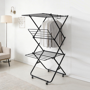 Toptan Çok Amaçlı Katlanabilir Giysi Askılığı Metal Hareketli Çamaşır Kurutmalığı Tekerlekli Katlanabilir Çamaşır Askılığı - Product Image 1