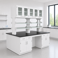 Meuble de laboratoire modulaire moderne : îlot de travail avec armoires en acier, armoires de rangement supérieures et étagères à réactifs pour laboratoires
