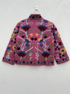 Veste en coton élégante faite à la main Suzani rose pour femmes hiver tendance vêtements d'extérieur belle broderie ouverte sur le devant imprimé polaire - Product Image 2
