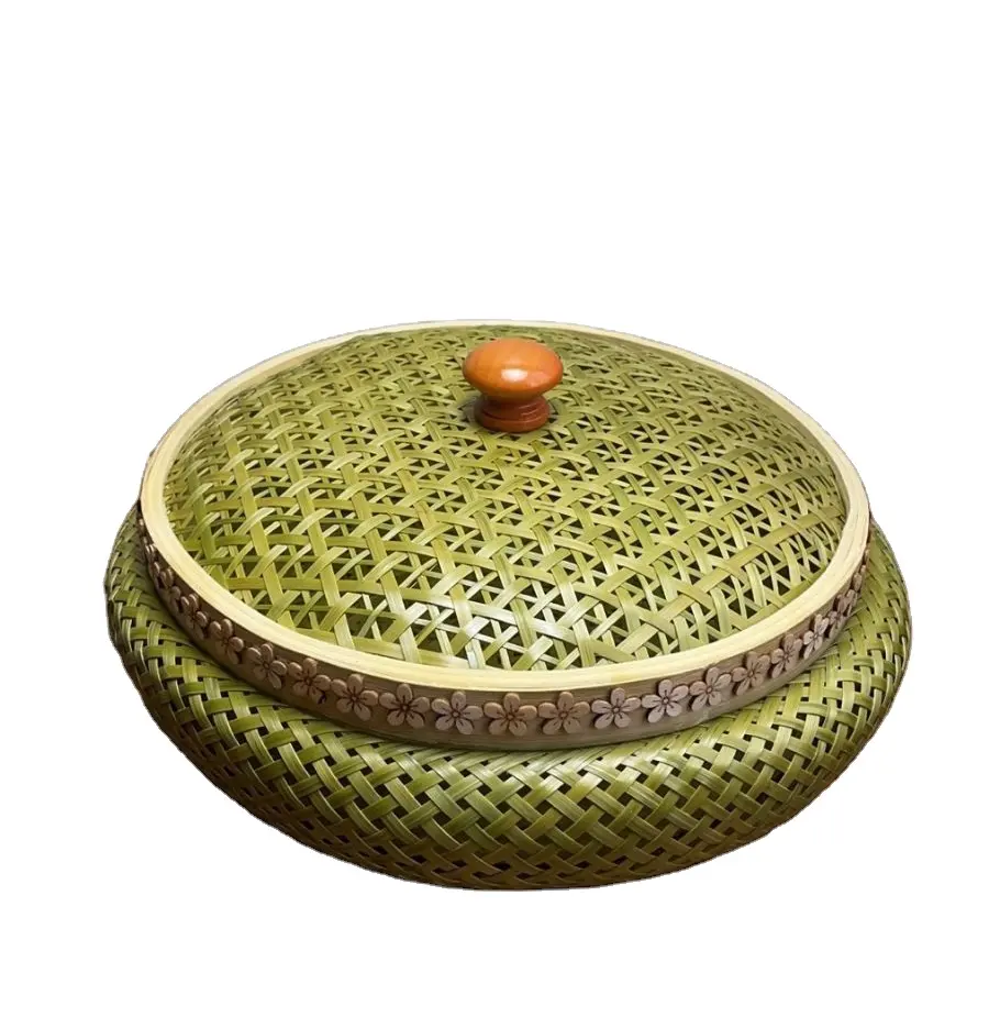Productos de bambú hechos a mano cesta de bambú para el hogar con una tapa cesta de frutas cesta de almacenamiento bandeja de fruta artesanal de calidad