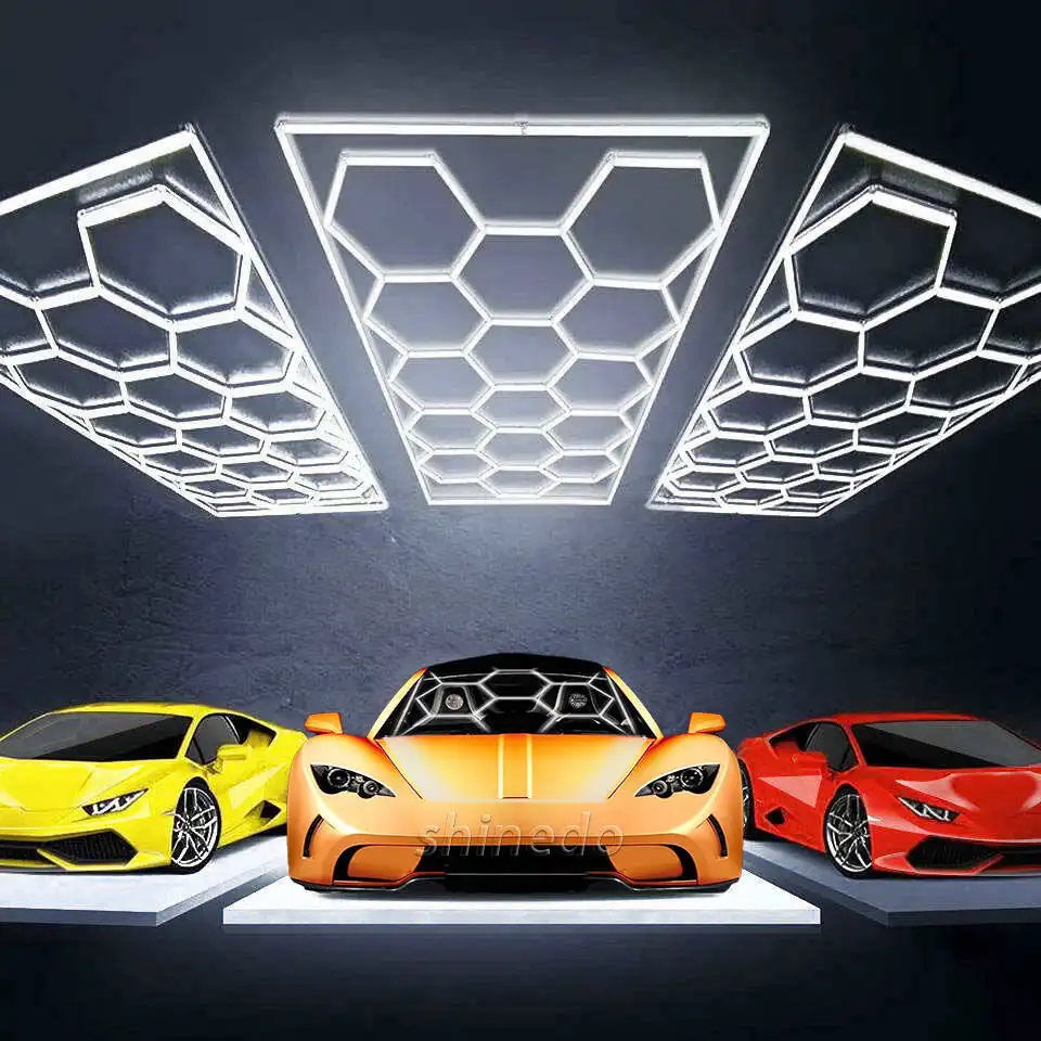 Lâmpada de luzes hexagonais para garagem, luminária de teto em favo de mel, tubo de led para reparo de carroceria de automóveis, oficina de luzes