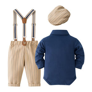 Nouveaux ensembles de vêtements pour bébé garçon, tenues de baptême pour nourrissons, combinaisons de baptême pour garçon, 0-24 mois, barboteuse, nœud papillon, pantalon à bretelles - Product Image 2