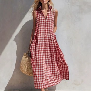 Women Gingham Sleeveless Shirt Maxi <b>Dress</b> Lapel Collar Full Button Front Side Pocket <b>Loose</b> Flowy Vacation <b>Dress</b> OEM Custom - Product Image 3