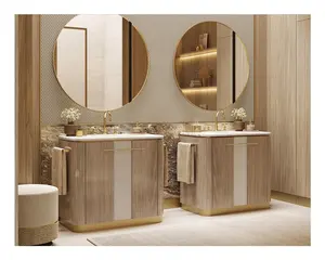 Sang trọng modernbrushed Brass treo tường satin lỗ chân lông gỗ kết thúc cong đá cẩm thạch phòng tắm Vanity với bồn rửa gương