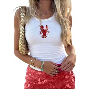 FOXA Women's <b>Beaded</b> Lobster Embroidery Tank <b>Top</b> Crewneck Sleeveless Ribbed Knit <b>Tops</b> Summer Beach Outfits - Product Image 1