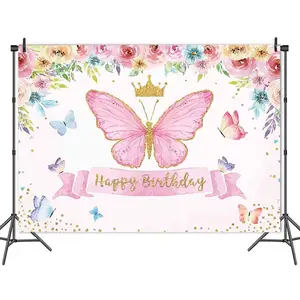 Happy Birthday Theme Photography Backdrops Butterfly Pink Rose Flower Crown Photo for Fairy Princess Girl Birthday Party Decor