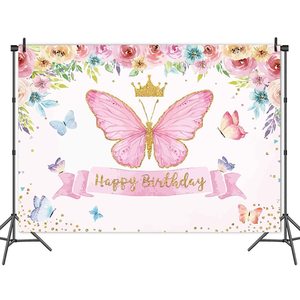 Toile de fond photographique sur le thème des anniversaires, <span class=keywords><strong>papillon</strong></span>, rose, couronne de fleurs, pour décoration de fête d'anniversaire de princesse féerique - Product Image 1