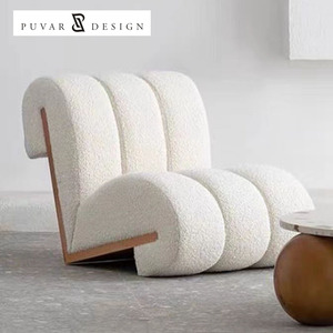 Chaise de loisirs de luxe moderne nordique canapé simple laine d'agneau pouf en bois massif chaise de salon - Product Image 1