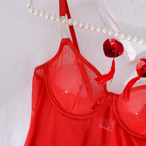 Ensemble de lingerie sexy pour femmes, chemise de nuit en maille rouge de style nouveau, <span class=keywords><strong>avec</strong></span> culotte et soutien-gorge à armatures - Product Image 6