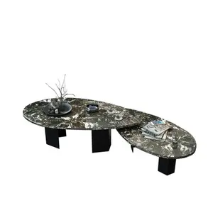 和風シンプルな大理石の楕円形のリビングルームのティーテーブル錬鉄製のコーヒーテーブルの組み合わせ