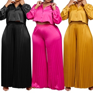 Plus Size Women's Casual Shirt Top Wide Leg Pants Pressed Pleat 2 Piece Set Sehe Fashion