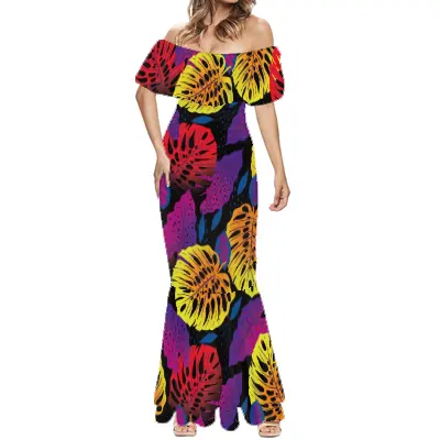Gaun Prom Puletasi Polynesian 2023 gaun panjang Floral kasual bahu terbuka Maxi gaun pantai musim panas ukuran Plus wanita