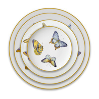 Service de table de luxe en or véritable, motif papillon, en porcelaine fine, assiettes de présentation colorées en céramique, tasses à café et bols pour mariages et hôtels
