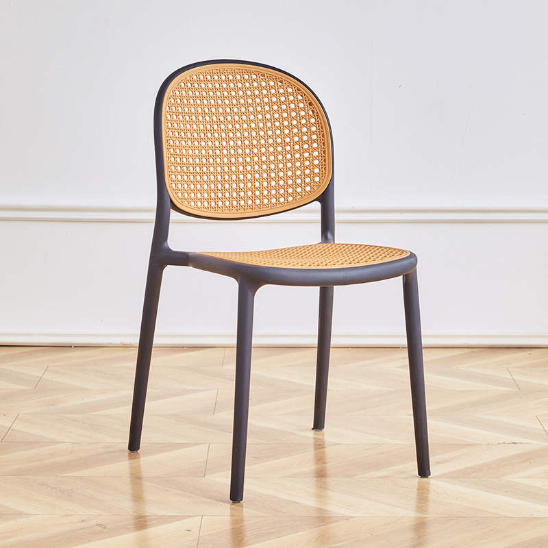 [Black frame, brown trim] Faux rattan woven design, stackable.