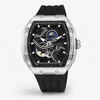 Montre mécanique vintage pour homme de style ethnique, entièrement automatique, cadran ajouré avec aiguilles lumineuses, verre minéral renforcé, bracelet en silicone