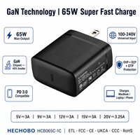Chargeur USB-C PD 3.0 GaN 65W Shenzhen Lvxiangyuan avec OTP OVP, certifié ETL FCC CE UKCA RoHS CCC, port unique pour smartphone, prise EU US UK CN