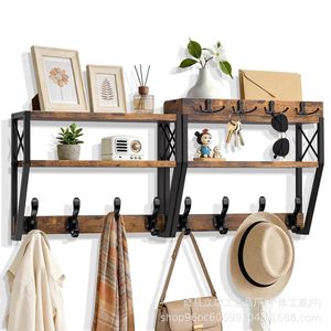 Wooden Wall Mounted Storage Rack 2 Tier <b>Shelf</b> With <b>Hooks</b> For Kitchen Living Room Entryway Key Bag Organizer - Product Image 5