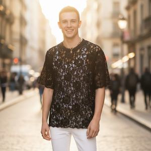 T-shirt da <span class=keywords><strong>Uomo</strong></span> a Maniche Corte in Pizzo Traforato per Night Club, Magliette Trasparenti Sexy Personalizzate in Rete - Product Image 1