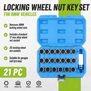 Jeu de clés <span class=keywords><strong>antivol</strong></span> 21 pièces pour écrous de roue <span class=keywords><strong>BMW</strong></span> 041-060, outil de démontage d'écrous de roue avec douille de 17 mm et entraînement de <span class=keywords><strong>1</strong></span>/2 pouce - Product Image 2