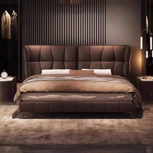 Italian Minimalist Genuine Leather <b>Bed</b> Dy54123123 Double Size With <b>Soft</b> Backrest Low Box Upholstered <b>Bed</b> For Master Bedroom - Product Image 3