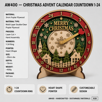 Calendrier de l'Avent de Noël 1-24 Compte à rebours |   Art en forme de cœur découpé au laser en contreplaqué de peuplier |   Décoration de maison de vacances |   Vente en gros OEM CPSC