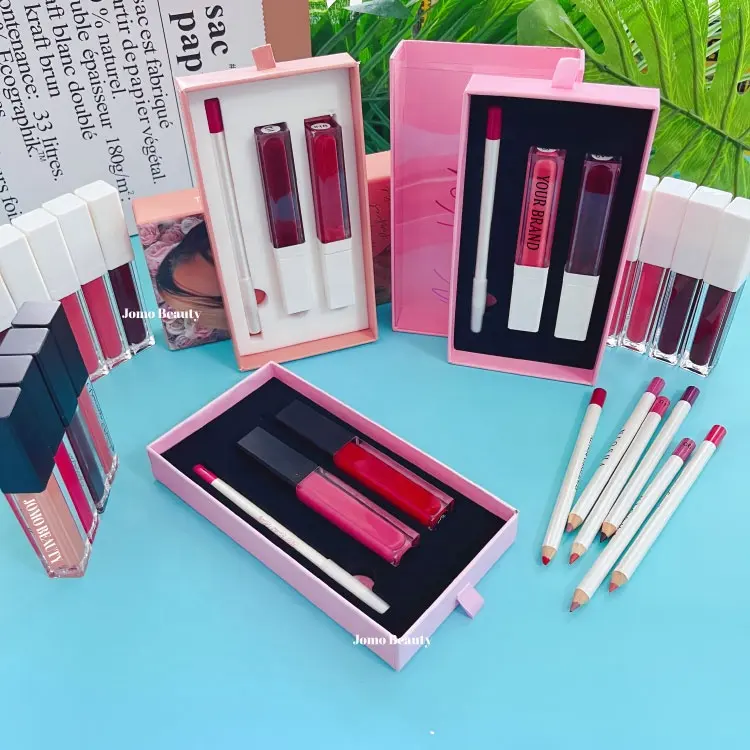 Großhandel kunden spezifisches Logo 3 In 1 Lip Liner Lip gloss Lippenstift Set Benutzer definiertes Logo Matt Langlebiger flüssiger Lippenstift Lip Liner Set