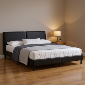 Queen Upholstered <b>Bed</b> <b>Frame</b> Black Faux Leather Metal <b>Frame</b> Solid <b>Pine</b> Wood Plywood Modern Bedroom Furniture - Product Image 2