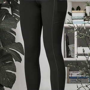 High Waisted Solid Yoga <b>Leggings</b> With <b>Pockets</b> Full Length Spandex Nylon Four Way Stretch Elastic Waist Contrast Stitch Design - Product Image 3