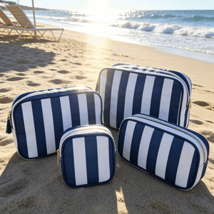 Sac de plage lavable grand format avec fermeture éclair, organiseur de beauté, trousse de toilette à rayures couleur gelée, trousse de maquillage rayée, pochette de voyage pour cosmétiques - Product Image 1