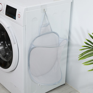 Clothing Organizer Round <b>Wall</b> Mounted Collapsible Mesh <b>Basket</b> <b>For</b> Bathroom Laundry <b>Storage</b> White And Gray - Product Image 2